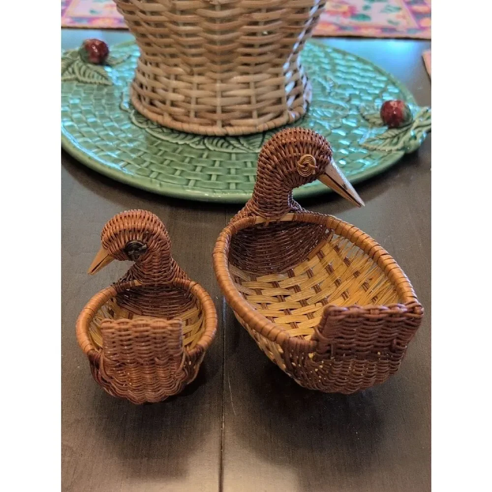 Vintage Handwoven Brown Wicker Duck Baskets Set of 2